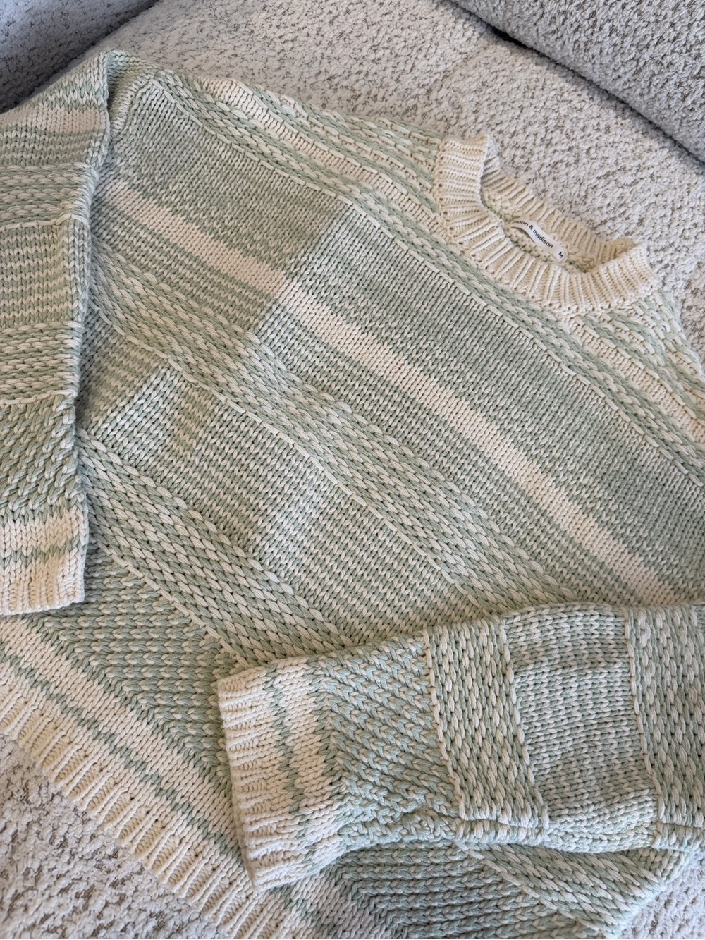 moon & madison Mint Green and Cream Striped Cable Crewneck Sweater
